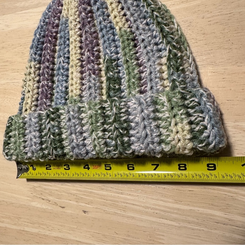 New Handmade Crochet Rib Beanie Fold over Hat Green Yellow Blue Purple Speckled - Picture 4 of 10